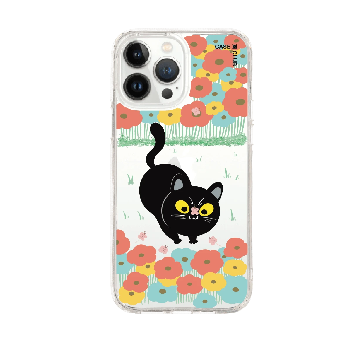 iphone 12/ 13 pro max clear case flower black cat